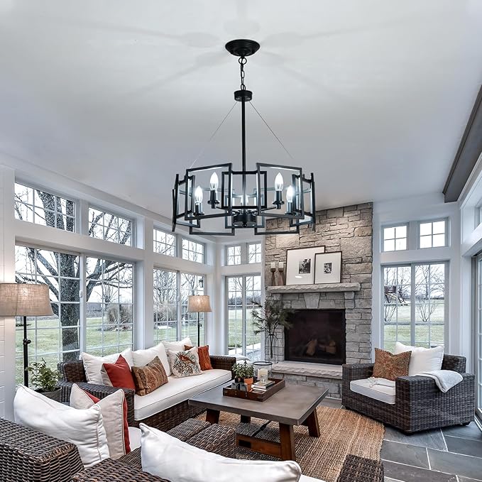 ZGLAOJT Modern Chandelier Black Geometric Pendant Lighting Fixture 5-Light Metal Farmhouse Chandelier for Dining Room Living Room entryway Kitchen Bedroom Island