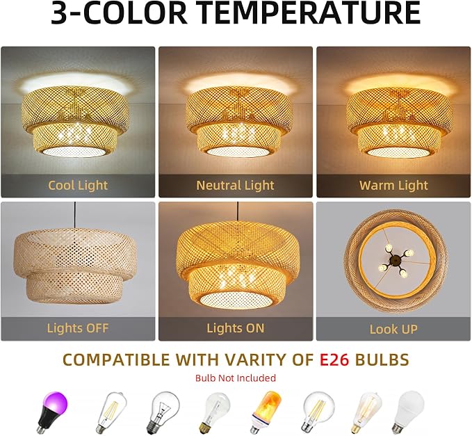 Woven Bamboo Pendant Light,23.6" Rattan Chadelier | 23.6" Boho Bamboo Chandelier,Hand Woven Wicker Hanging Light for Kitchen Island Dining Bedroom Living Room Restaurant