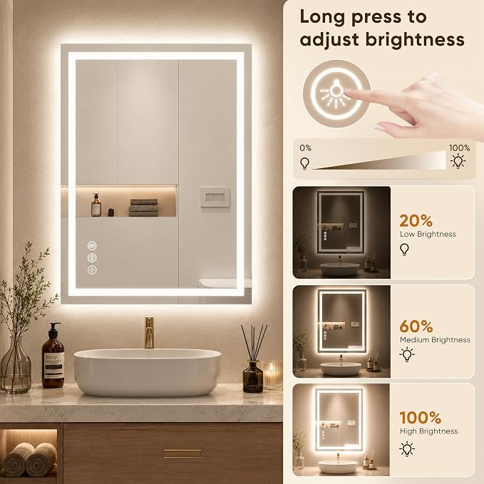 Antok 24x36 LED Bathroom Mirror with Lights, Backlit + Front Lit Vanity Mirror with CRI>90, Dimmable Anti-Fog Smart Mirror with Memory Function, 3 Color Temperatures, Shatterproof Tempered Glass, ETL