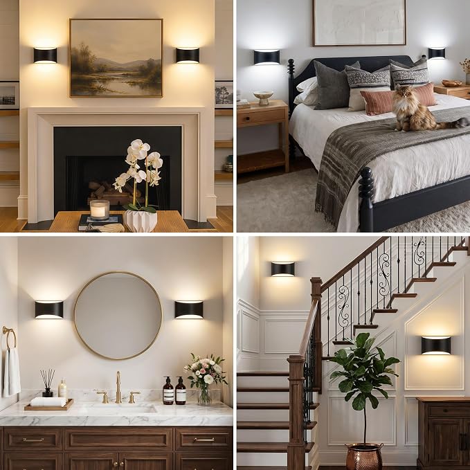 Modern LED Wall Sconce Set of 2, Black Indoor Wall Lights 3CCT | 3000K/4000K/6000K, Up/Down Hardwired Wall Mount Light, Easy Install Aluminum Wall Lighting, Bedroom, Living Room, Hallway