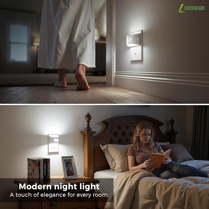 L LOHAS LED Motion Sensor Night Light, Night Lights Plug into Wall, 2 Pack | Plug in Night Light with 30-100lm Adjustable Brightness, White Housing 5000K Daylight White