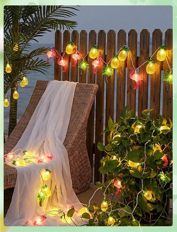 8.5Ft Summer Beach Hawaiian String Lights Outdoor with 10 LED Flamingo Pineapple Palm Tree Lights, Plug in Tropical Party Decorations Lights for Patio Backyard Garden Window Tiki Bar Pool Party Decor