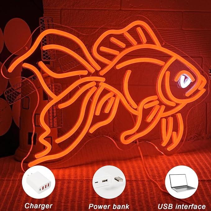 Goldfish Neon Sign for Wall Decor Fish Neon Light Sign Ocean Neon Light Dimmable LED Neon Sign USB Light Up Sign for Bedroom Restaurant Fishing Shop Store Club Room Man Cave