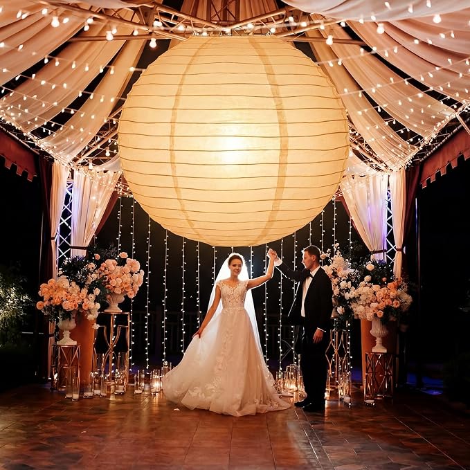 Glooglitter 5 Pcs 35.5 Inch Large White Paper Lanterns Gaint Chinese Moon Round Paper Lamp Japanese Jumbo Hanging Lanterns for Wedding Graduation Bridal Shower Birthday Party Supplies Decoration
