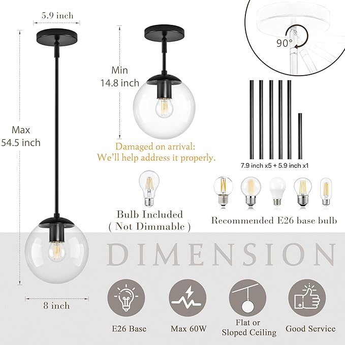 8" Globe Pendant Light Black 2 Pack Mid Century Pendant Light Globe Pendant Lights Kitchen Island Matte Black Finished with Clear Glass Adjustable Ceiling Light Fixtures for Dining Room Bar