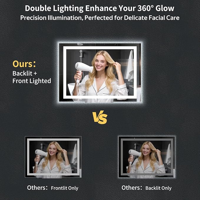 24"x36" LED Bathroom Mirror with Lights, Backlit+Frontlit, Anti-Fog | CRI 95, Stepless Dimmable, 3 Colors Lighting, Shatterproof Tempered Glass, HD Reflection, Memory, (Horizontal/Vertical)