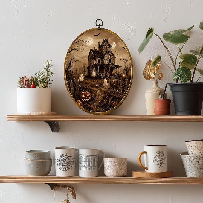Haunted House Ghost Oval Wall Art, Framed Canvas Decor, 8.5x11.5 Inch | Haunted house, floating ghosts, bats, pumpkins and Beware sign Halloween decor