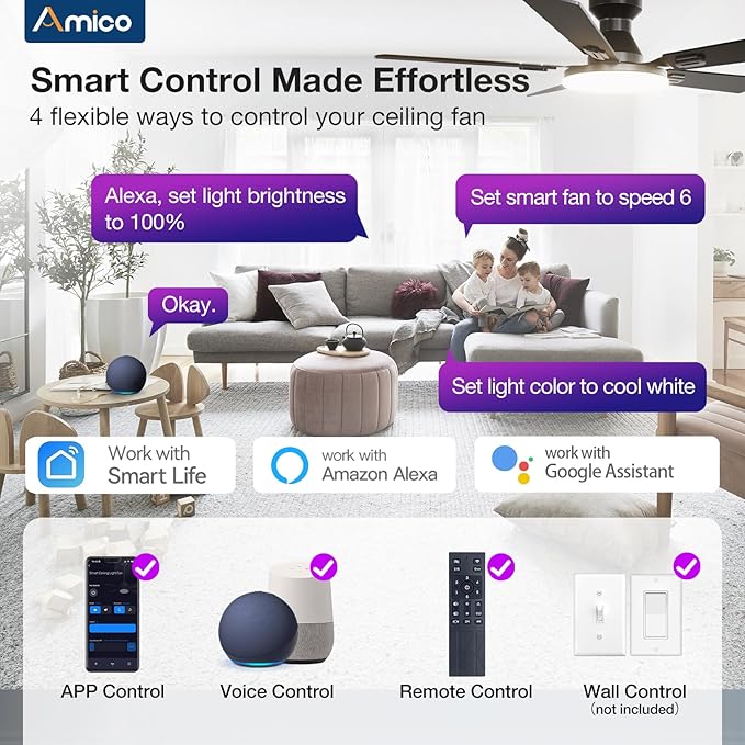 Amico Ceiling Fans with Lights, 52'' Smart RGB Ceiling Fan with Remote/APP/Alexa Control, Flush Mount, Reversible DC Motor, 5 Blades, 6 Speeds, 3CCT, Dimmable, Noiseless, Bedroom, Living Room, Black