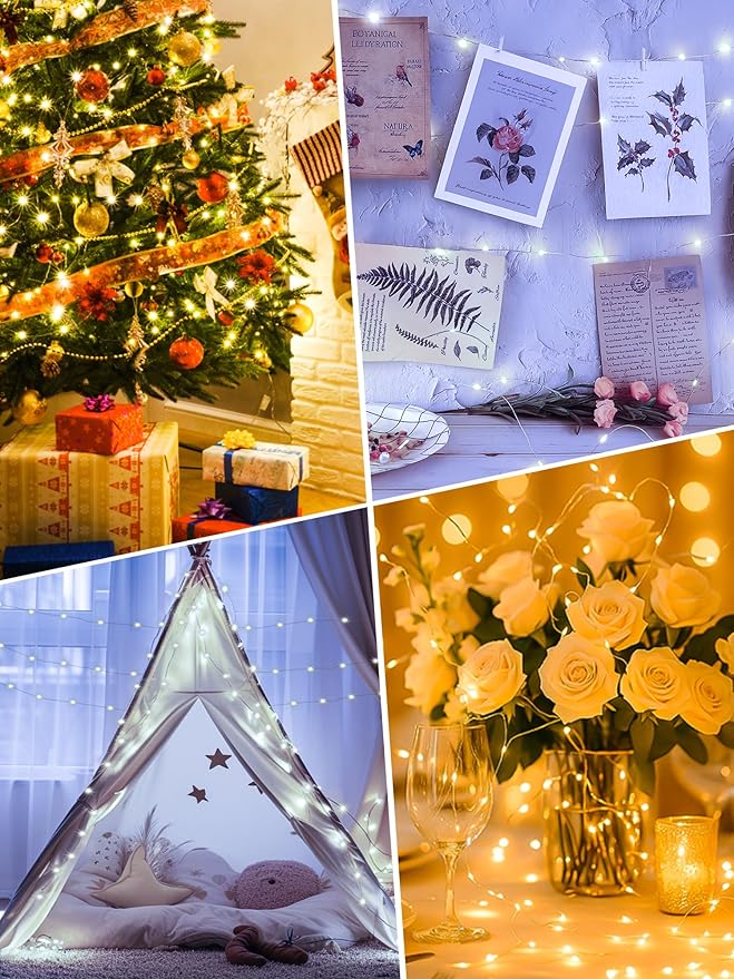 btfarm 4 Pack Fairy Lights Battery Operated with Timer, 16.4 FT 50 LED Silver Wire Twinkle String Lights 8 Modes Dimmable Waterproof for Indoor Christmas Bedroom Wedding Decorations, Warm & Cool White