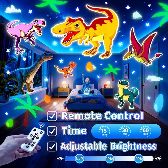 One Fire Dinosaur Night Light Projector, with 15 Films & Bluetooth Music | Remote-Controlled Ocean Projector, Rechargeable Star Night Light for Kids, Sound Machine Dinosaur Gifts for Boys.