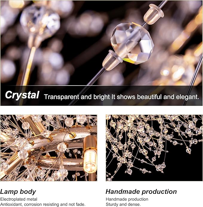 Wellmet Gold Crystal Chandelier 43.3 Inch 2 Tier Modern Firework Chandelier,Mid Century Round Ceiling Lighting for High Ceiling Light for Bedroom Dining Room,Kitchen,Living Room,Entryway,Hallway