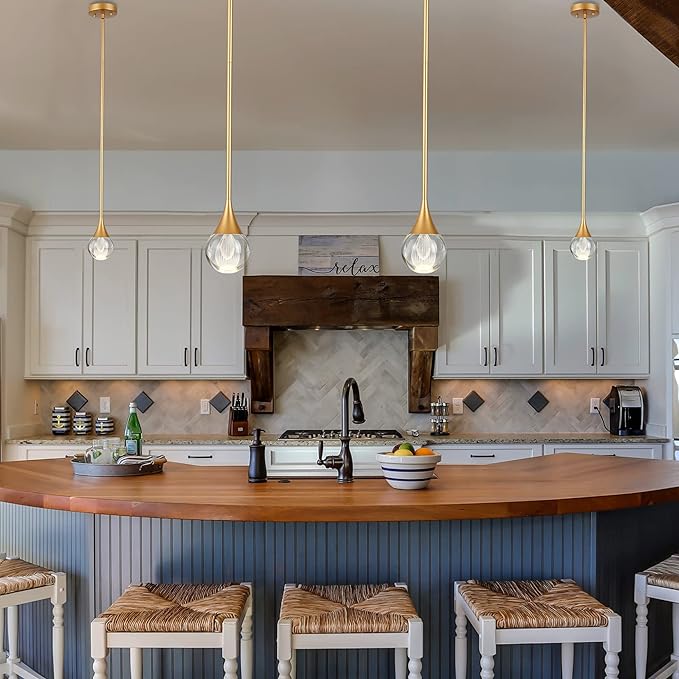 3-Pendant Lights Kitchen Island, Brass Gold Globe Crystal Ceiling Hanging Light Fxitures, LED Light Fixtures Metal Rod Ceiling Glass Pendant Lighting for Kitchen Island Dining Room Bar