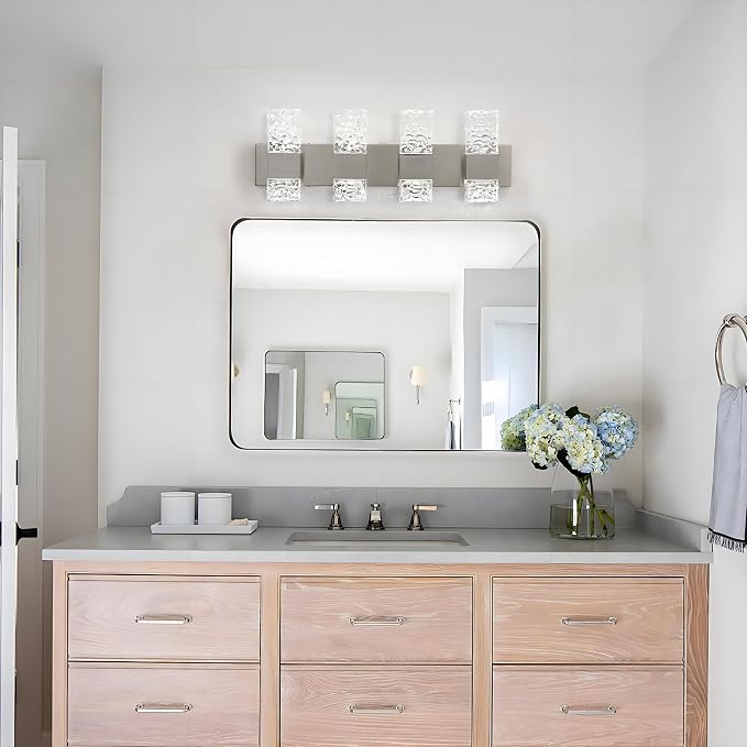 Modern Bathroom Light fixtures Brushed Nickel Dimmable Vanity Lights for Bathroom Crystal LED Bathroom Lighting fixtures Over Mirror 4 Light 6000K