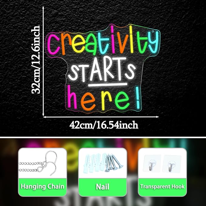 Creativity Starts Here Neon Sign Positive Quote Led Sign Colorful Letter Neon Light for Art Studio Business Office Party Classroom Decor(16.54 * 12.6In)