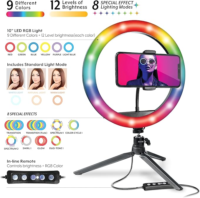 Bower 10 inch RGB Selfie Desktop Ring Light Stand Studio Kit - Ultra Wide Range, 9 Colors, 12 Brightness Levels, Special Effects, Tripod, Phone Clip/Holder