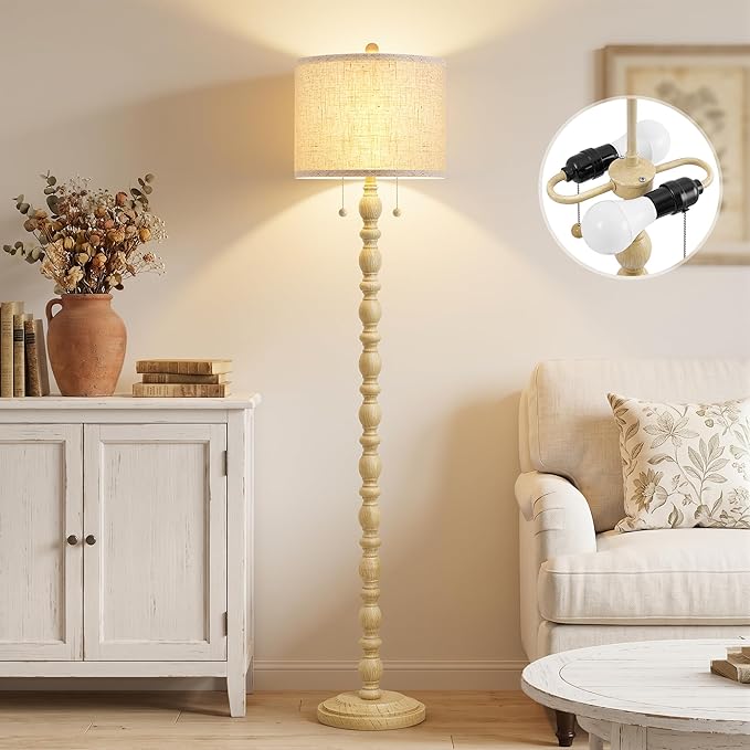 Luvkczc Vintage Floor Lamp for Living Room Bedroom, 62" Retro Standing Lamp with 2 Pull Chain Switches, Corner Lamp for Farmhouse, Includes 9W LED Bulb