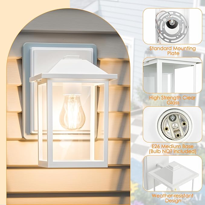 Outdoor Wall Lantern, Exterior Waterproof Wall Sconce Light Fixture, White Front Door Mounted Lighting with Glass, Anti-Rust Porch Lamp