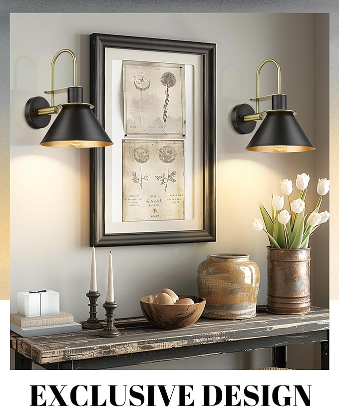 Black Wall Sconce, HWH Industrial Indoor Wall Light Fixture, Single Wall Vanity Light Brass Barn Wall Sconce Lamp for Bedroom Kitchen, Black and Gold Finish, 5HZG56B-L BK+BG