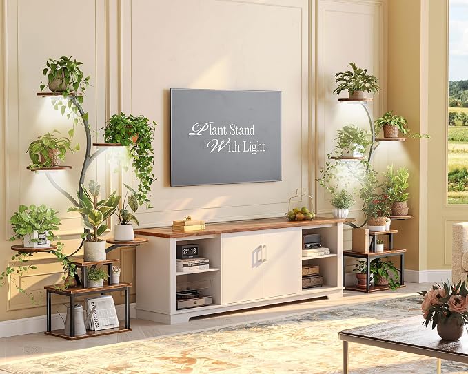 51 Inch Plant Stand with Grow Lights, 8 Tiered Indoor Plant Shelf | Corner Plant Rack with Larger Flower Holder, Curved-tubed Design, 3 Light Modes, for Living Room, Rustic Brown