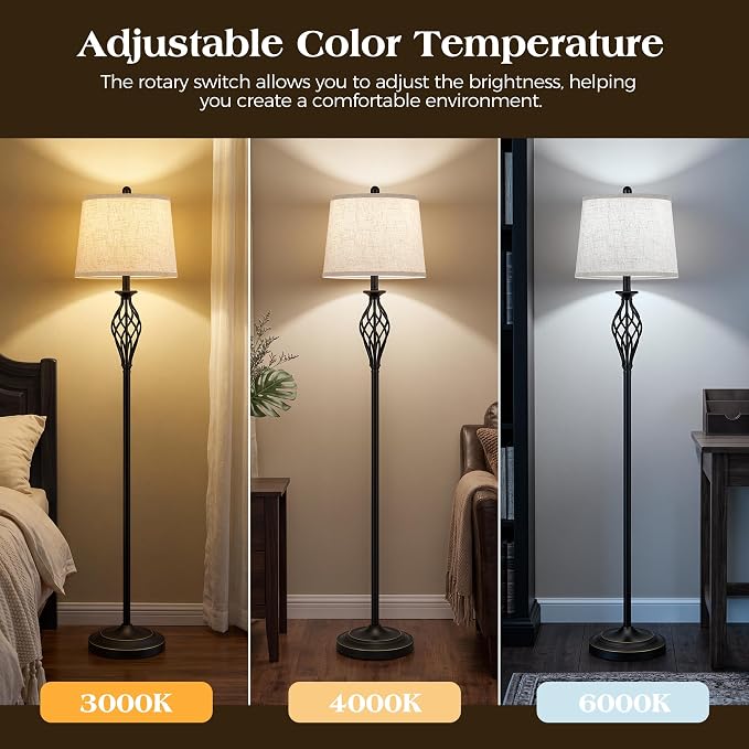 EJIAXIN Floor Lamps for Living Room - 62" Farmhouse Vintage Standing Lamp for Bedroom with Adjustable Color Temperatures,Black Tall Lamp with Linen Shade,Reading Light for Home Office,Bulb Included