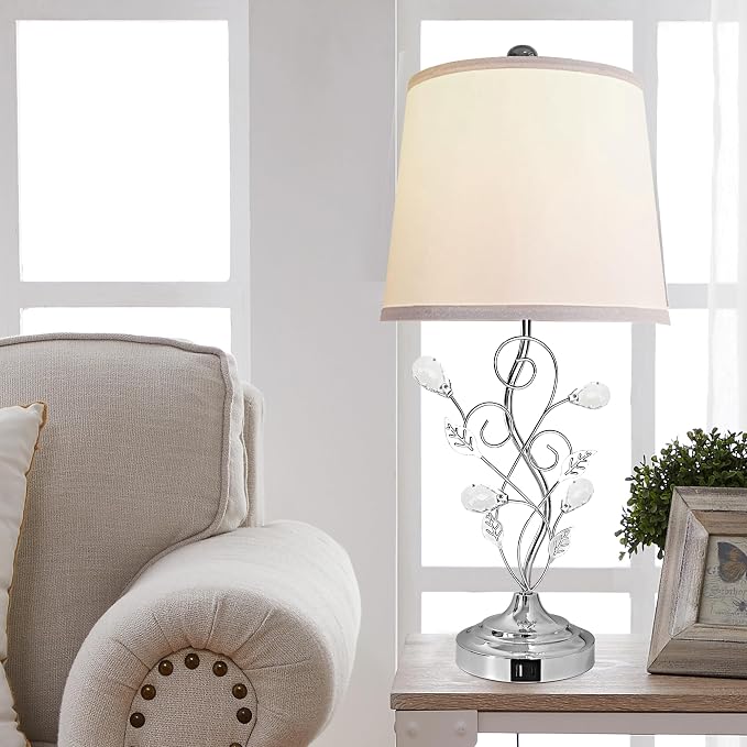 Sheetea 24.5’’ Set of 2 Table Lamps for Bedroom Living Room Bedside, Chrome | 2 USB Charging Ports, Farmhouse Rustic Style, Unique Leaf Design, Perfect for Bedrooms Nightstand End Tables Decor