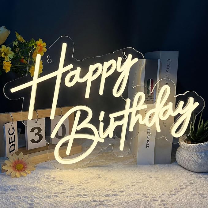 Happy Birthday Neon Sign for Wall Decor, 17×12 Inch Warm White LED Neon Light Signs, Art Decoration Happy Birthday Neon Light Sign for All Birthday Party Decoration with 2 Pcs Pasters