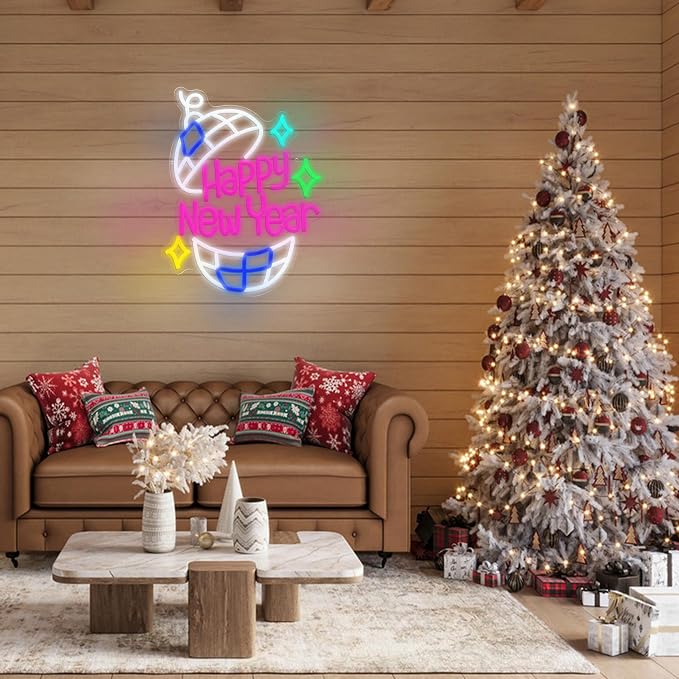 Happy New Year Neon Sign Led Party Light Sign for New Years Eve Decorations Dimmable USB Spring Festival Neon Light for Christmas Holiday Home Bar(16.5 * 12.6 In)