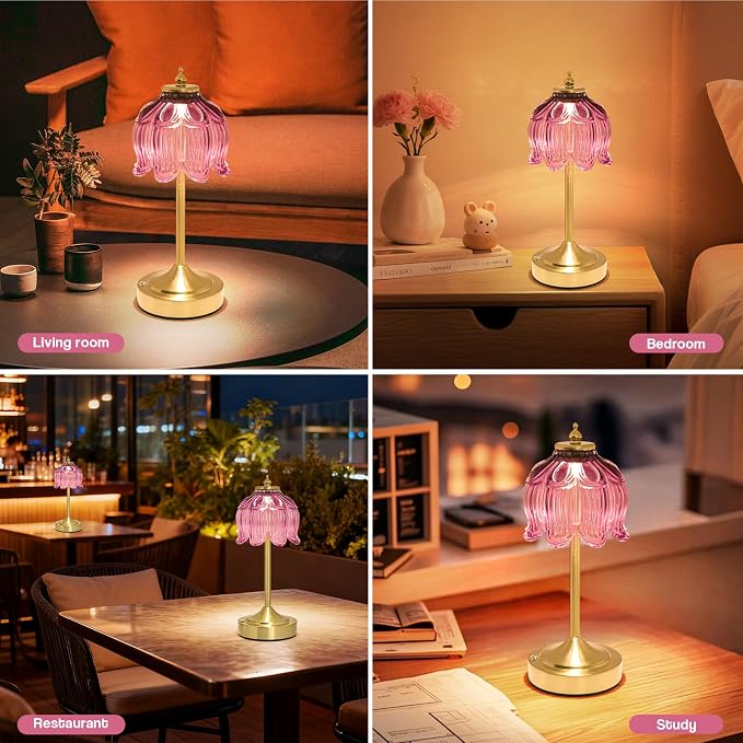 Cordless Table Lamp, Rechargeable Purple Glass Lotus Flower Lamp | 5200mAh touch lamp with 3 color modes and stepless dimming, battery operated lamp for nightstands and kitchen counters