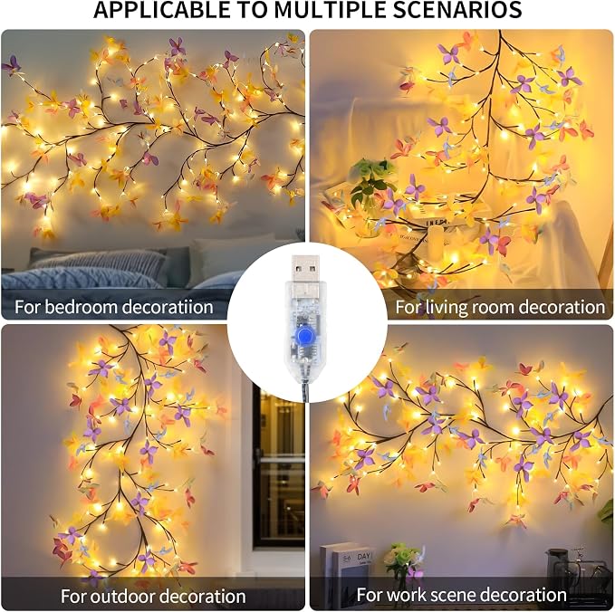 FNHMSL Butterfly Enchanted Willow Vine Lights, 4FT 48LED 3 Color Butterfly Blossom Tree Branch Lights for Wall with USB Battery Box, Remote Timer,8 Light Model, Bedroom Wall Doors Wedding, Christmas | 3 Color USB Butterfly Enchanted Willow Vine Lights ...