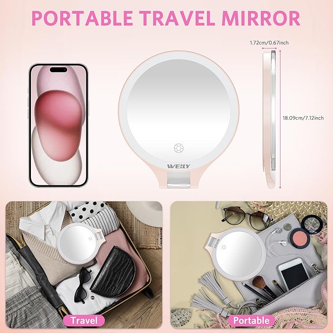 WEILY Magnifying Makeup Mirror 10X/1X, Travel Mirror with Light | Double Sided Rechargeable Mirror with 3 Color Lights for Makeup, Tweezing, Blackhead and Come Done Removal (Pink)