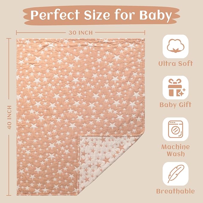 NTBAY 3 Layer Muslin Toddler Blanket, 30 x 40, Pale Orange Star | Breathable Muslin Cotton Outer Layers with Light Thermal Fill, Reversible for Stroller, Daycare, Travel, and Supervised Use