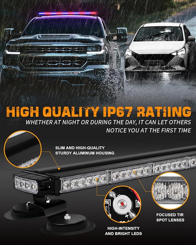 45.5" 128 LED Roof Strobe Light Bar Top Double Side Safety Lights | Rooftop Warning Hazard Emergency Caution Lights w/ Controller for Tow/Plow Trucks Construction Vehicles (Red/Blue)