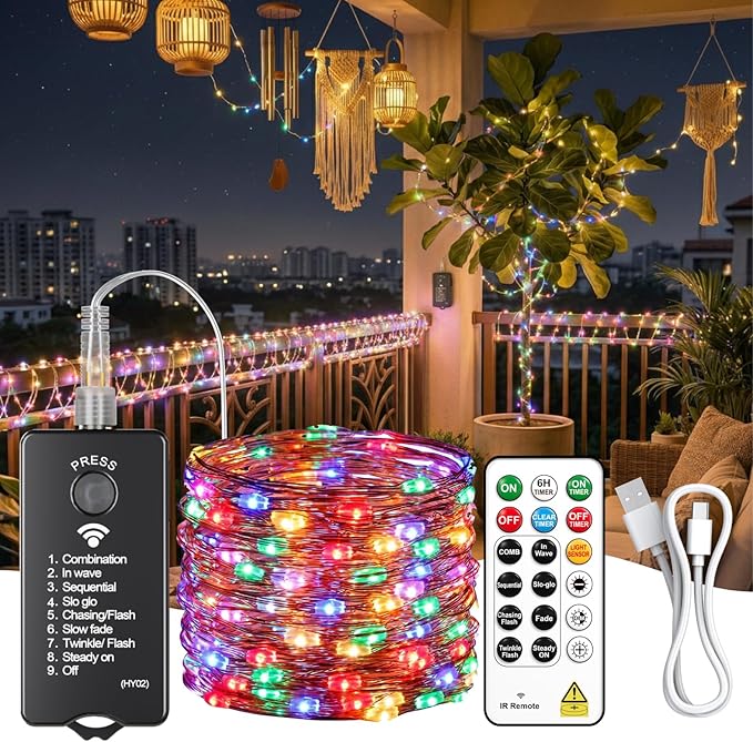 ZSJWL Rechargeable Fairy Lights with Remote，66ft 200 LED Outdoor Battery String Lights with DIY Timer & Light Sensor, Waterproof Dimmable Twinkle Light for Tree Christmas Indoor, Multicolor