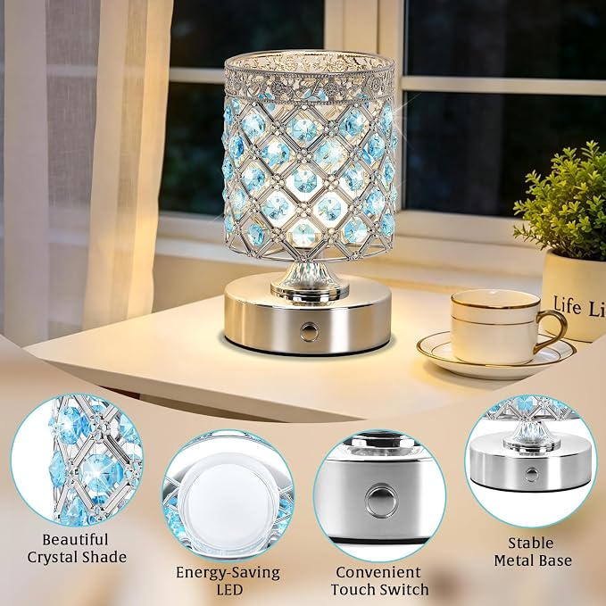 Blue Small Crystal Rechargeable Cordless Table Lamps Set of 2 | 6000mAh Battery, 3 Color Temps, Stepless Dimming, Touch Control, Portable Wireless Night Light for Bar Bedroom Living Room