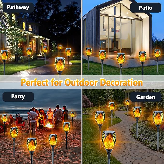 Solar Torch Lights with Flickering Flame Larger Size Solar Flame Lights | 4 Pack Upgraded Solar Lights Outdoor for Halloween Decor, Waterproof Solar Tiki Torches Outdoor for Garden Yard Pathway Patio