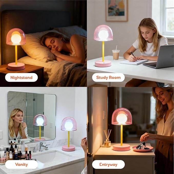 Pink Rechargeable Lamp, Coffee Table Small Lamps, Funky Desk Lamp | Cordless Touch Lamp Dimmable, Kids Bedside Lamp Touch IP44, Pink Table Top Battery Operated Light, Mini Touch Night Lamp LED
