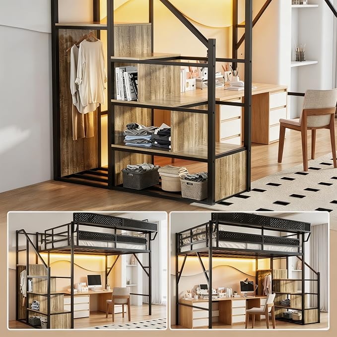 Queen Size Metal Loft Bed with Reversible Stairs and LED & USB Port | Storage Shelf, Reversible Storage Stairs with Wardrobe, LED Lights,USB Charging Port,Sturdy Noise-Free Design,Large Under Bed