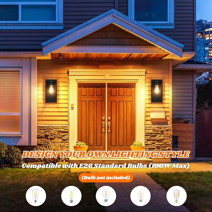 Outdoor Wall Light Fixtures, Black Exterior Waterproof Lanterns, 2-Pack | Porch Light with Glass Shade, Sconces Wall Mount Lighting with E26 Socket, Anti-Rust Wall Lamps for Patio Front Door Entryway