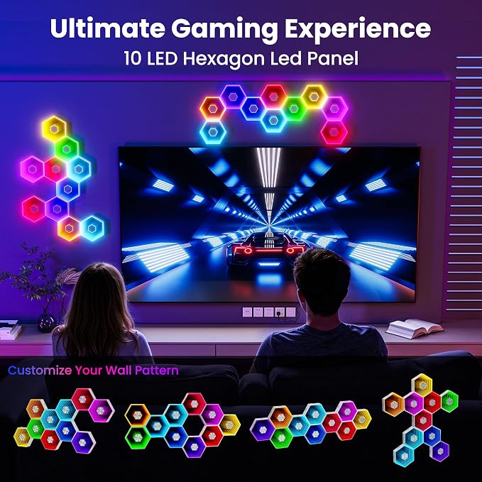 10 Pack Hexagon Led Lights, 90mm Smart Hexagon, Smart App RGB Gaming Led Light, with Remote Control & Music Sync Honeycomb Shape Hexagon Wall Lights for Bedroom, Living Room Wall