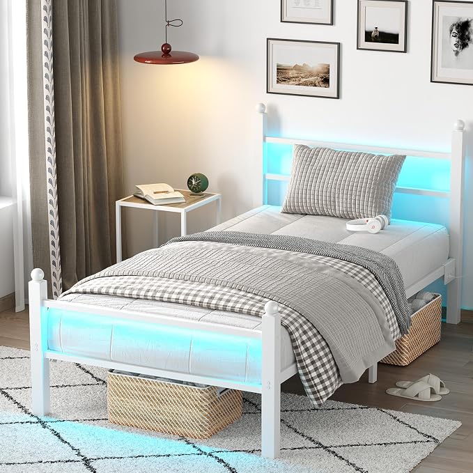 CollaredEagle Twin Bed Frame with LED Lights and Charging Station, White | Twin Size/ Metal Frame/ Built-in Charging Station/ RGB LED Lights/ Noise-Free/ 10.8 inch Under-Bed Storage