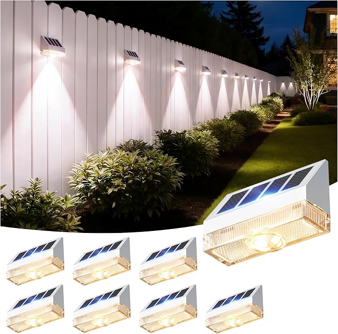 VOLISUN Vinyl Fence Lights 8 Pack, Dusk to Dawn White Solar Lights Outdoor Waterproof with Warm White LED Spot Lens, Solar Light for Fence, Yard, Wall, Backyard, Railing, Deck, and Patio