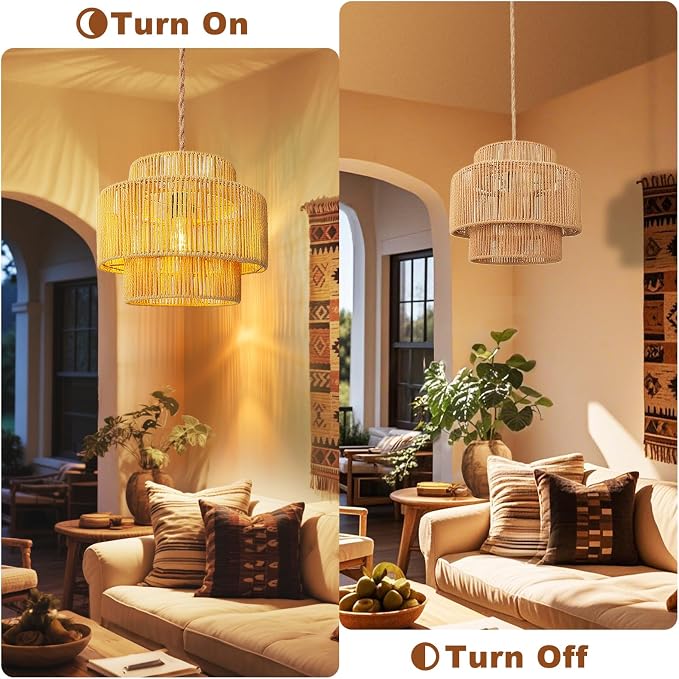 Maliralt Hanging Lamps Rattan Pendant Light - 16.4ft Plug in Cord Hanging Light Fixture Plug Into Wall Outlet Pendant Lighting with On Off Switch for Bedroom Living (Lantern Shade)