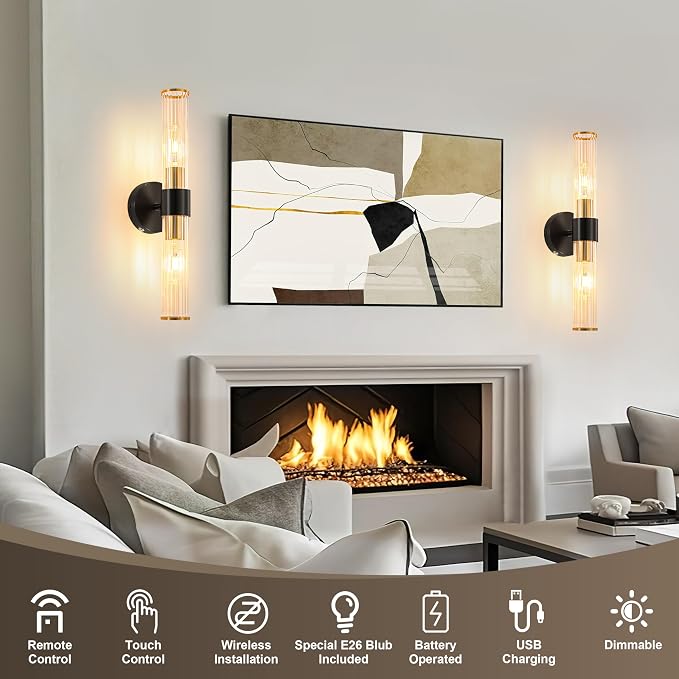 Black Gold Battery Operated Wall Sconces Set of 2, Rechargeable Wall Lights with Dimmable Remote Control, 20“ Modern Sconces Wall Decor, Wireless Wall Lamp for Bedroom, Living Room (Bulbs Included)