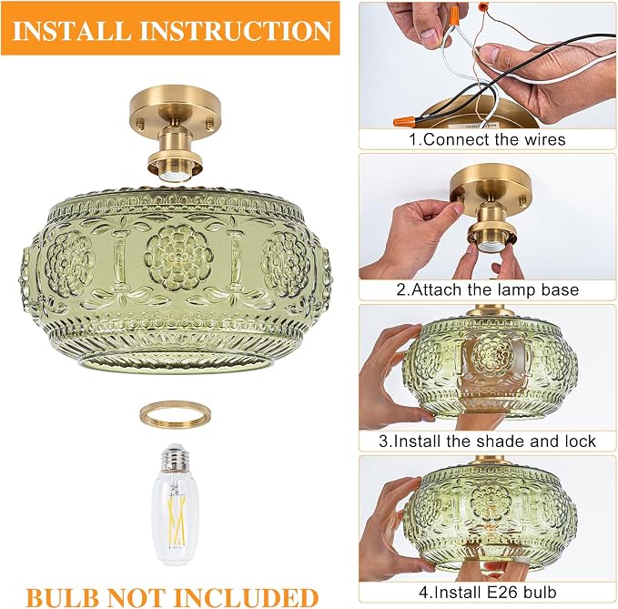 Semi Flush Mount Ceiling Light Fixture - Brass & Gold Floral Design, Green Glass Shade, Vintage Modern Lighting for Kitchen, Bathroom, Entryway (Bulb Not Included)