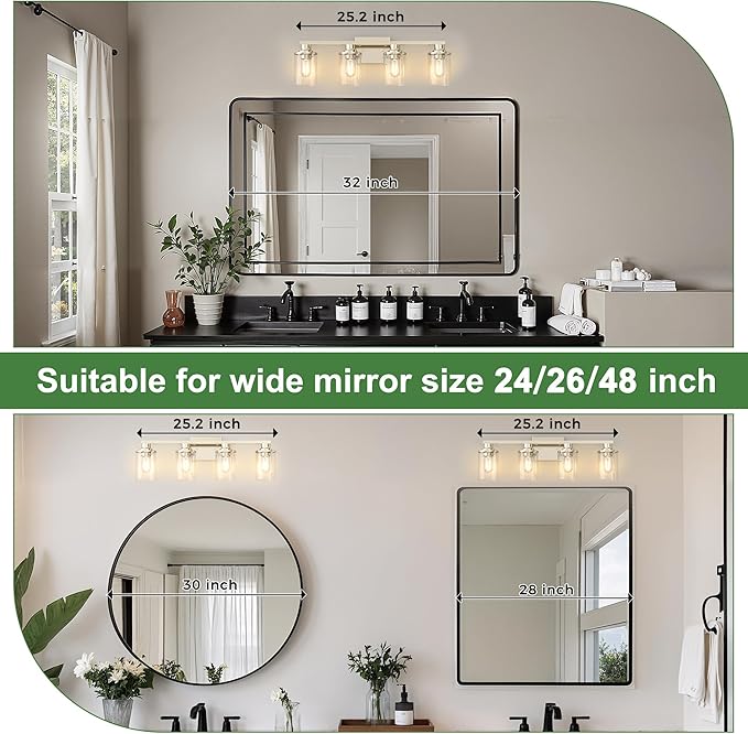 DORESshop 4-Light Vanity Light Fixtures, Nickel Bathroom Light Fixtures Over Mirror with Clear Glass Shade, Modern Vanity Lights for Living Room Bedroom