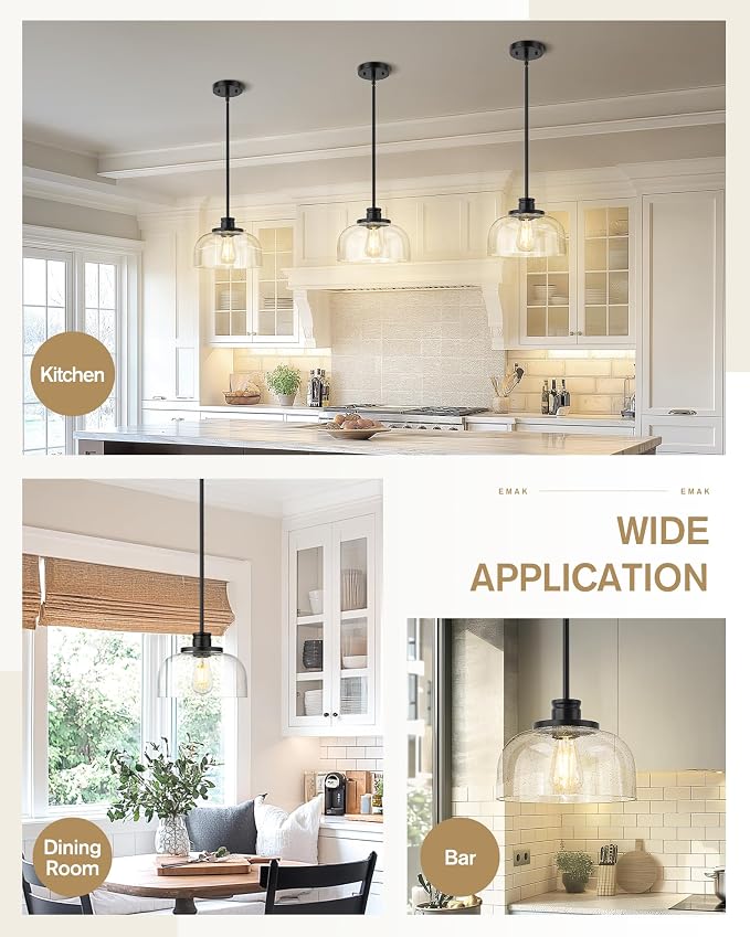 Emak Modern Black Pendant Light, 10 Inch Large Pendant Lights Kitchen Island with Seeded Glass Shade, Farmhouse Kitchen Island Lighting for Dining Room, Bathroom, Bar, PL131-BK-SG