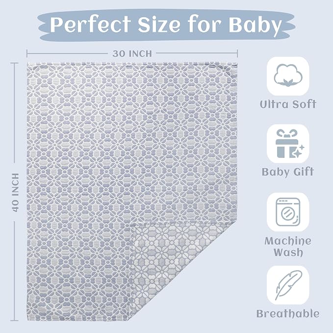 NTBAY 3 Layer Muslin Toddler Blanket, 30 x 40, Blue Clover | Breathable Muslin Cotton Outer Layers with Light Thermal Fill, Reversible for Stroller, Daycare, Travel, and Supervised Use