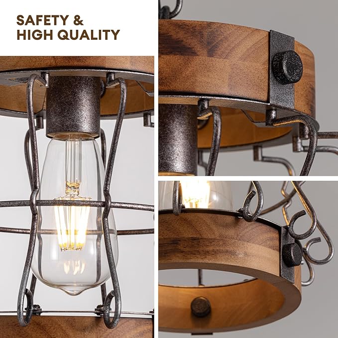 Farmhouse Chandelier Wood and Metal Rustic Light Fixtures 1-Light Round Cage Pendant Light Adjustable Height Industrial Hanging Light for Kitchen Island Hallway Bar Dining Room Entryway D 9.4" x H 9"