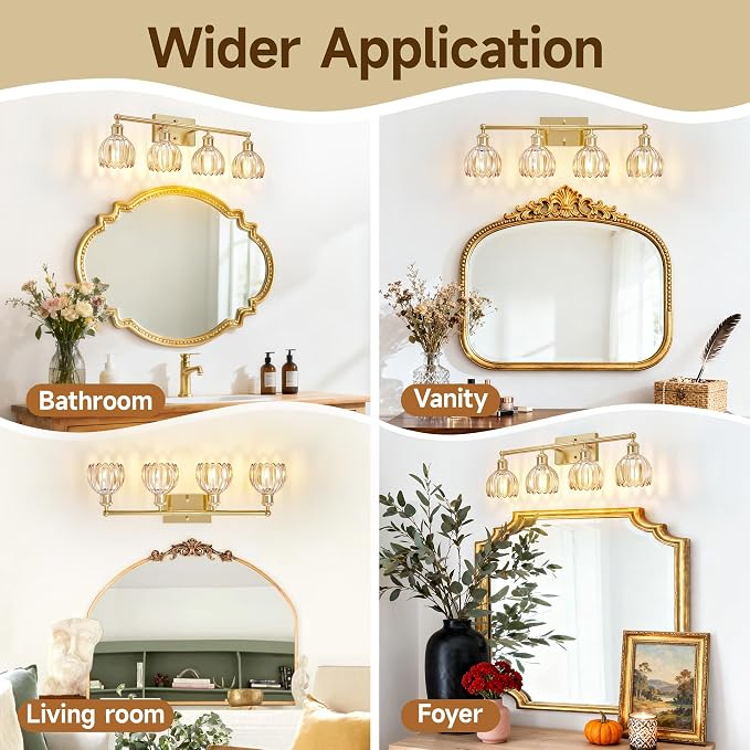 Bathroom Light Fixtures Over Mirror, 27.2 in Vintage Bathroom Light Fixture 4 Light,Antique Brass Wall Sconce with Amber Tulip Glass Shade for Bedroom Living Room,Foyer,Hallway, E26 Base