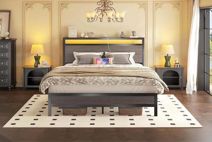 Fluest Full Bed Frame with Headboard & Footboard, Full Bed Frame with Built-in Charging Station & LED Light, Storage Shelf, Noise-Free, No Box Spring Needed, Easy Assembly, Rustic Grey